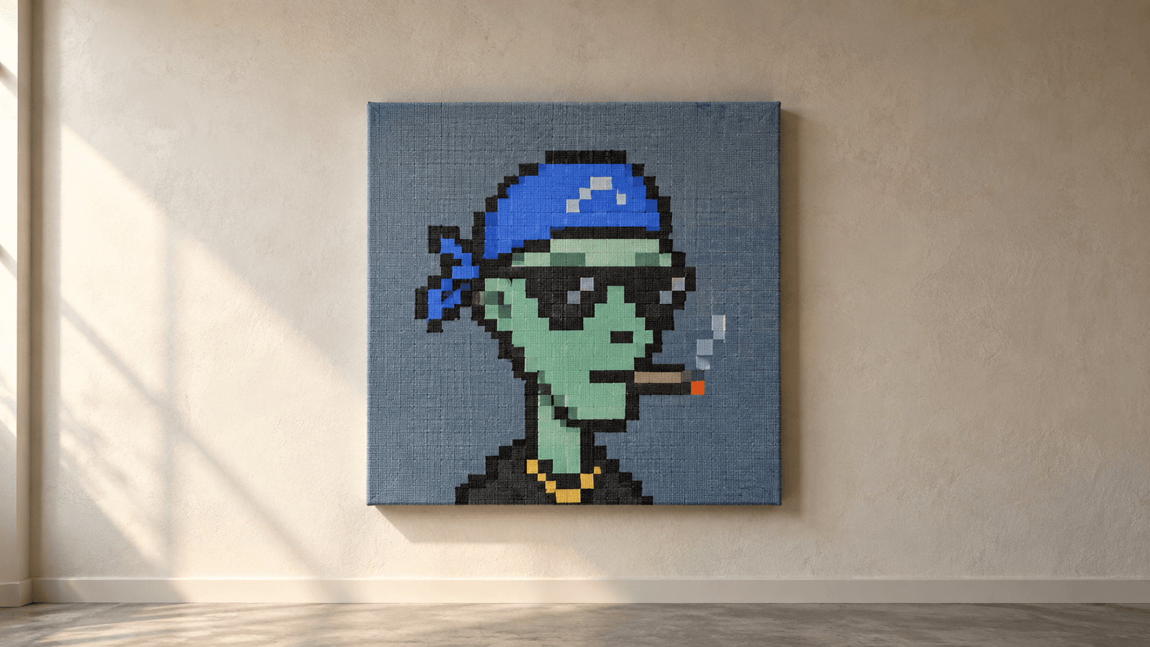 A blue-bandana CryptoPunk printed on a large textured canvas and hanging on a sunlit plaster wall